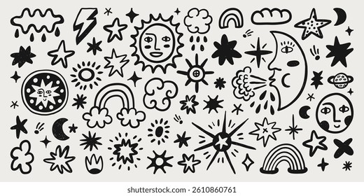 Cute doodle cartoon characters, abstract elements, stars, sun, moon, rainbow. Hand-drawn vector set. Illustration elements for decor, pattern, poster, card or sticker design.