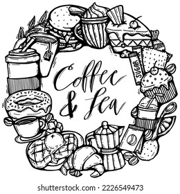 cute doodle cartoon coffee and bakery shop. vector outline hand drawn for coffee and bakery for cafe menu, including supply item and equipment isolated on white background. drawing style