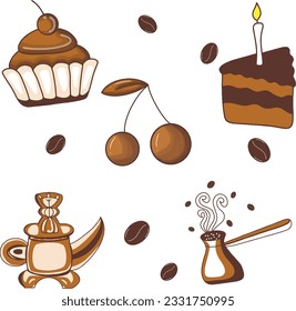 cute doodle cartoon coffee shop icons. vector outline hand drawn for coffee and bakery for cafe menu, including supply item and equipment isolated on white background. drawing style
