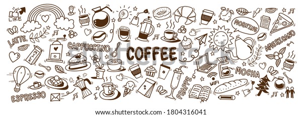 cute doodle cartoon coffee shop icons. vector\
outline hand drawn for coffee and bakery for cafe menu, including\
supply item and equipment isolated on white background. drawing\
style