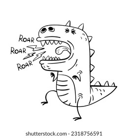 Cute doodle cartoon dinosaur. Roar dinosaur isolated on white. Vector illustration.