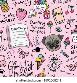 Cute doodle cartoon drawing on pink set with unicorn and pug seamless repeating pattern texture background design for fashion fabrics, textile graphics, prints etc