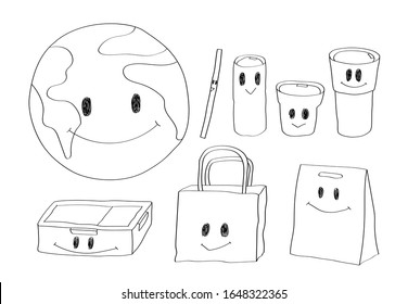 Cute doodle cartoon earth and wares,  ิpaper and cloth bags, bottle cup and straw. Vector illustration.