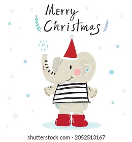 Cute doodle Cartoon elephant in christmas day,Cartoon happy elephant,Flat vector illustration for prints, clothing, packaging and postcards, cute  elephant, christmas day