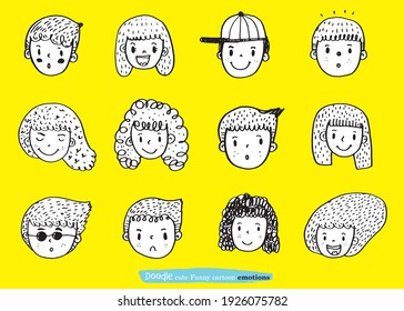 caricatura lindo doodle cara personas vector, rostros de niños, niños y niñas de dibujos animados