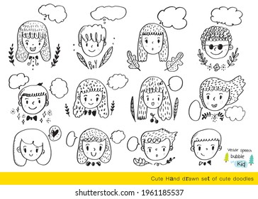 cute doodle cartoon face vector people,Faces of children,Cute cartoon boys and girls,Cute vector speech bubble colorful set