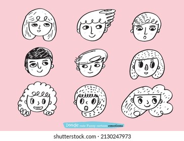 cute doodle cartoon face vector people,Faces of children,Cute cartoon boys and girls,Cute vector speech bubble colorful set
