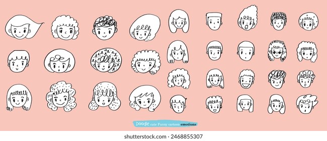 Cara linda de la caricatura del garabato de la gente del Vector, rostros de los niños, niños y niñas lindos de la caricatura