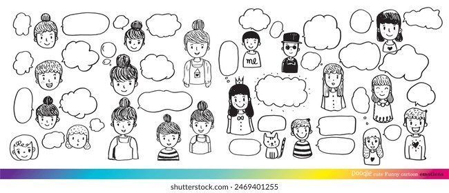 Cara linda de la caricatura del garabato de la gente del Vector, rostros de los niños, niños y niñas lindos de la caricatura
