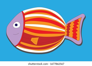 Cute doodle cartoon fish sea animal in flat style isolated on blue background. Vector cool ocean animal illustration for nursery t shirt, kids apparel, party and baby shower invitation. Simple summer 