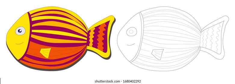 Cute doodle cartoon fish sea animal in flat style colour and outline. Vector ocean animal illustration for nursery isolated on white background. Simple hand drawn style. Coloring book for children.