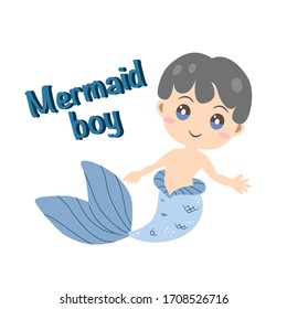 Cute doodle cartoon flat mermaid boy and text 'Mermaid boy'. Vector illustration for decoration or other designs.