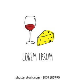  Cute Doodle Cartoon Hand Drawn Icon Of The Glass With Red Wine And Yellow Cheese.