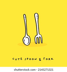 Cute doodle cartoon hand drawn spoon and fork illustration