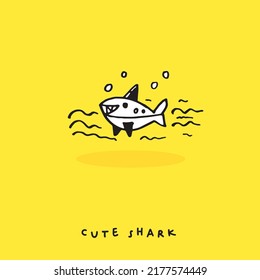 Cute doodle cartoon hand drawn shark illustration