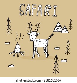 Cute doodle cartoon hand drawn deer illustration ,Cute doodle deer