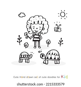 Cute doodle cartoon hand drawn Little girl friendly smiling and playing with their cute small turtle ,Cute girl playing with tortoise illustration