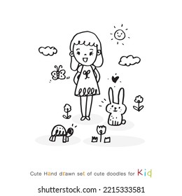 Cute doodle cartoon hand drawn Little girl friendly smiling and playing with their cute small turtle ,Cute girl playing with tortoise illustration