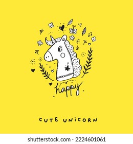 Dibujo de unicornio dibujado a mano con doodle lindo, caballo de doodle, animal lindo