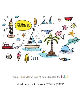 Cute doodle cartoon hand drawn summer illustration ,Cute doodle summer, cute  summer
