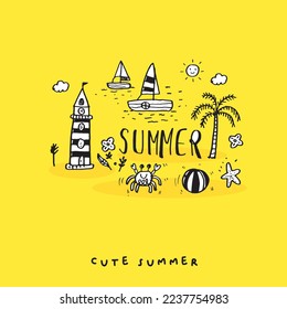 Cute doodle cartoon hand drawn summer illustration ,Cute doodle summer, cute  summer