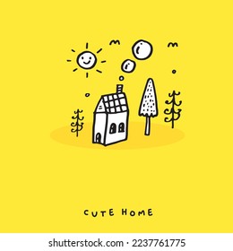 Cute doodle cartoon hand drawn home illustration ,Cute doodle home, cute house