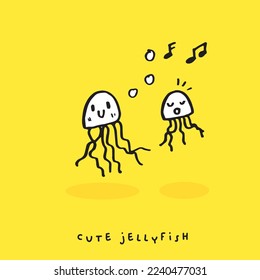 Cute doodle cartoon hand drawn jellyfish illustration ,Cute doodle jellyfish, cute animal