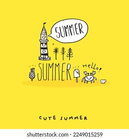 Cute doodle cartoon hand drawn summer illustration ,Cute doodle summer, cute  summer