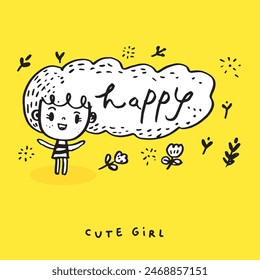 Cute doodle cartoon hand drawn girl illustration ,Cute doodle girl, cute  girl