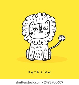 Cute doodle cartoon hand drawn lion illustration ,Cute doodle lion, cute animal