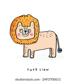 Cute doodle cartoon hand drawn lion illustration ,Cute doodle lion, cute animal