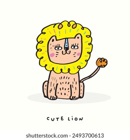 Cute doodle cartoon hand drawn lion illustration ,Cute doodle lion, cute animal