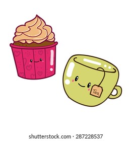 Cute doodle cartoon hand drawn. Cup cake and tea