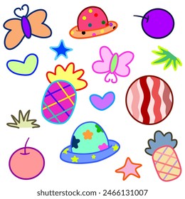 cute doodle cartoon lines hat shape, star, fruit