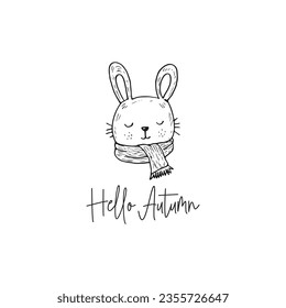 Cute doodle cartoon of a little bunny head wearing a scarf vector illustration.