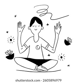 Cute doodle cartoon man meditating. Line drawing sketch style. Mindfulness, harmony and balance