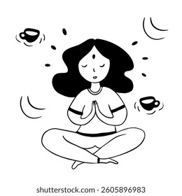 Cute doodle cartoon man meditating. Line drawing sketch style. Mindfulness, harmony and balance