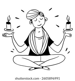 Cute doodle cartoon man meditating. Line drawing sketch style. Mindfulness, harmony and balance