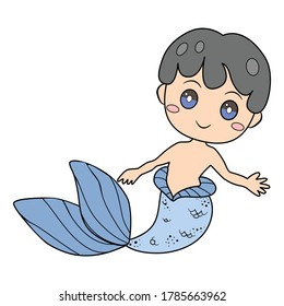 Cute doodle cartoon mermaid boy with outline and color. Vector illustration for decoration or other designs.