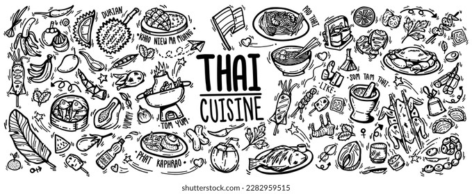 cute doodle cartoon regional tasty Thai foods popular menu , desserts ,fruit and ingredients. vector outline hand drawn for Thai street foods isolated on white background. drawing style