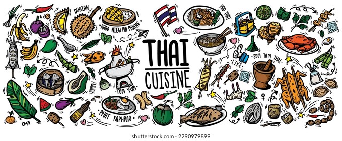 cute doodle cartoon regional tasty Thai foods popular menu , desserts ,fruit and ingredients. drawing vector outline colorful hand drawn for appetizing Thai street foods isolated on white background.