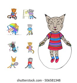Cute doodle cartoon set in vector. Funny little kittens doing sports and playing outdoors.