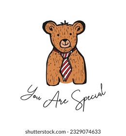 Cute doodle cartoon of a smiling teddy bear wearing a striped tie.