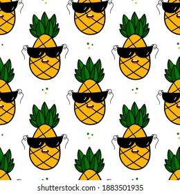 Cute doodle, cartoon style cool pineapple character in black sunglasses vector seamless pattern background.