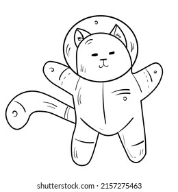 Cute doodle cat astronaut illustration. Animal vector icon. Black line art on white background.