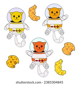 cute doodle cat astronauts floating in space, vector illustration