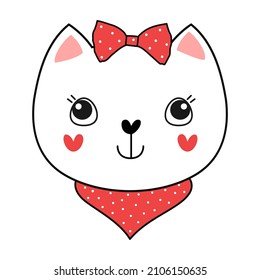 Cute doodle cat with bow. Vector illustration.