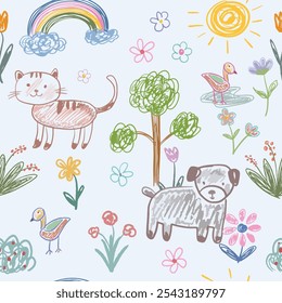 Cute doodle cat and dog in the flower garden cartoon seamless pattern