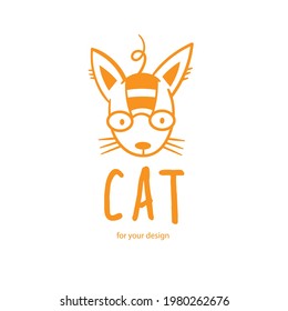 Cute doodle cat emblem. Funny vector character. Line art animal print.