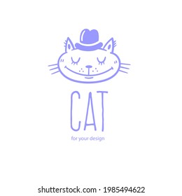 Cute doodle cat emblem. Funny vector character. Line art animal print.